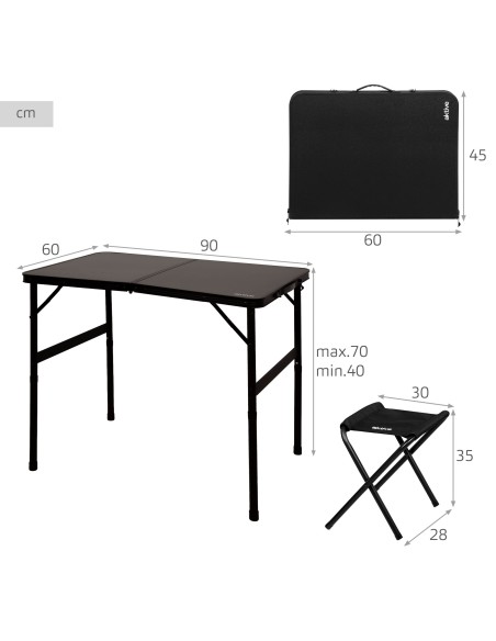 Mesa camping plegable 90x60x40/70 cm con 2 taburetes negro