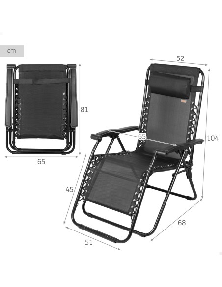 Chaise de jardin pliante à gravité zéro 52x68x104 cm noir 2 positions