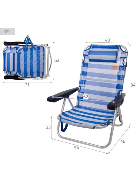Chaise de plage basse multiposition 48x46x84 cm rayures marinières