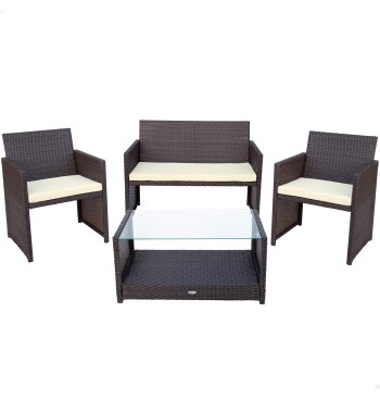 Conjunto mesa baja con balda, 2 sillas y 1 sofá jardín ratán