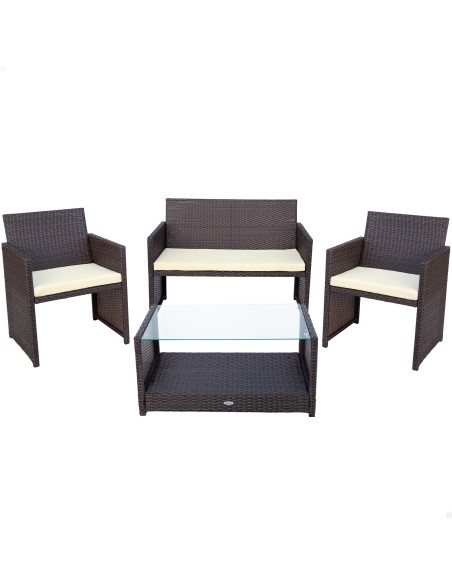 Conjunto mesa baja con balda, 2 sillas y 1 sofá jardín ratán