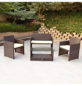 Conjunto mesa baja con balda, 2 sillas y 1 sofá jardín ratán 2