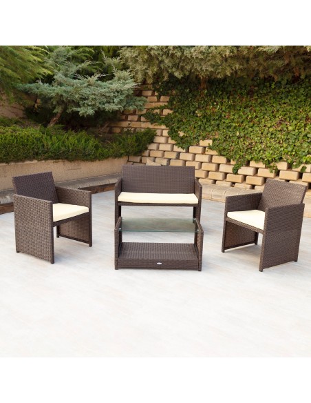 Conjunto mesa baja con balda, 2 sillas y 1 sofá jardín ratán