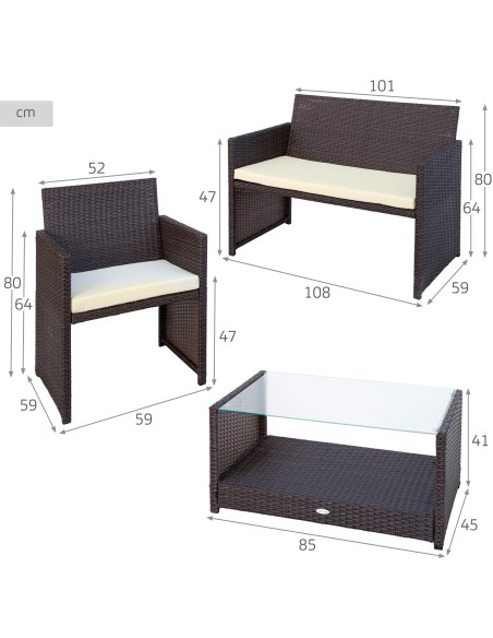 Conjunto mesa baja con balda, 2 sillas y 1 sofá jardín ratán