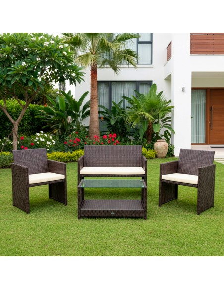 Conjunto mesa baja con balda, 2 sillas y 1 sofá jardín ratán