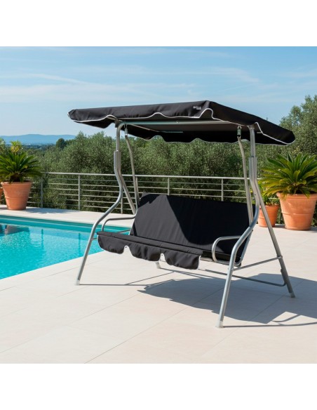 Balançoire de jardin noire avec auvent basculant 3 places