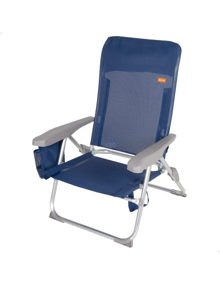 Chaise de plage multipositions Low slim 48x60x90 cm bleu marine avec coussin et pochette