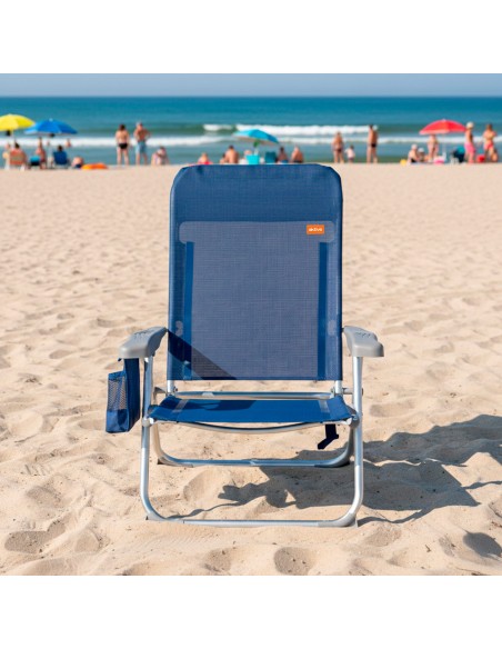 Chaise de plage multipositions Low slim 48x60x90 cm bleu marine avec coussin et pochette