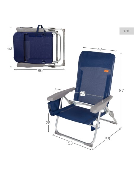 Chaise de plage multipositions Low slim 48x60x90 cm bleu marine avec coussin et pochette