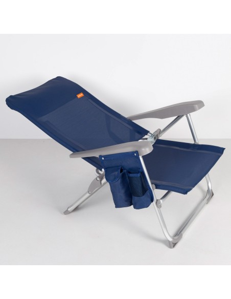 Chaise de plage multipositions Low slim 48x60x90 cm bleu marine avec coussin et pochette