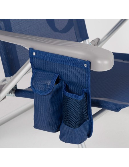Chaise de plage multipositions Low slim 48x60x90 cm bleu marine avec coussin et pochette