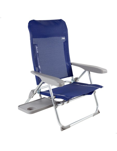 Chaise de plage pliante basse et fine multipositions 48x55x90 cm bleu marine avec table et coussin