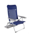 Chaise de plage pliante basse et fine multipositions 48x55x90 cm bleu marine avec table et coussin