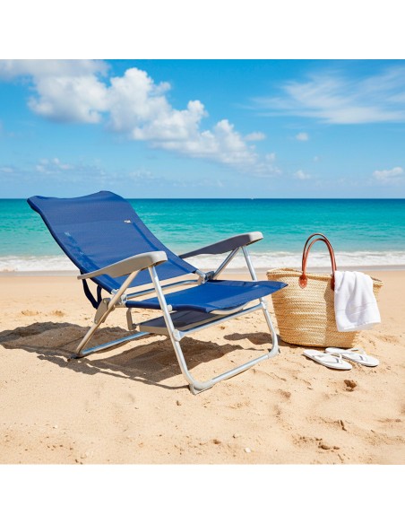 Chaise de plage pliante basse et fine multipositions 48x55x90 cm bleu marine avec table et coussin