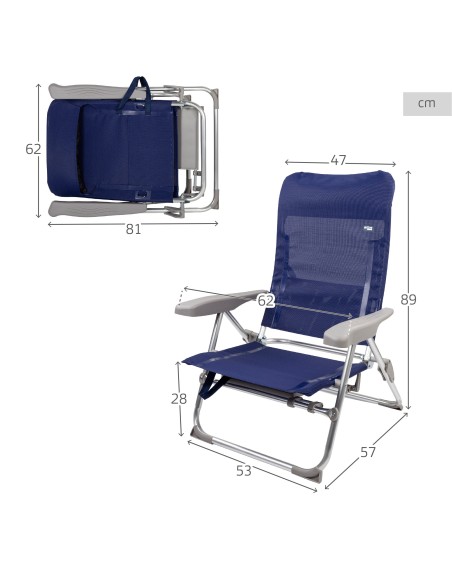 Chaise de plage pliante basse et fine multipositions 48x55x90 cm bleu marine avec table et coussin