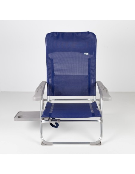 Chaise de plage pliante basse et fine multipositions 48x55x90 cm bleu marine avec table et coussin