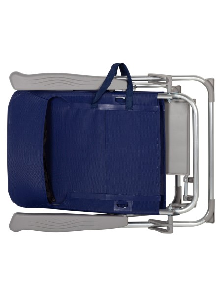 Chaise de plage pliante basse et fine multipositions 48x55x90 cm bleu marine avec table et coussin