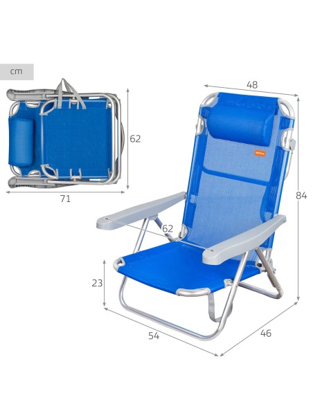 Chaise de plage basse multiposition 48x46x84 cm bleu