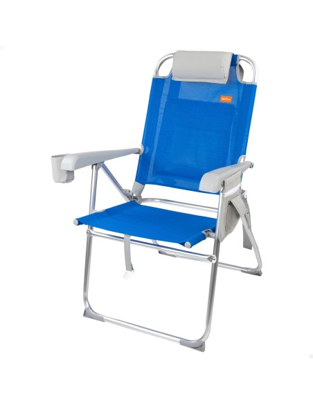 Chaise de plage haute multiposition 48x65x100 cm bleu avec coussin, poche et porte-bouteille