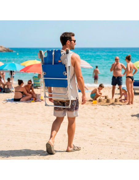 Chaise de plage haute multiposition 48x65x100 cm bleu avec coussin, poche et porte-bouteille