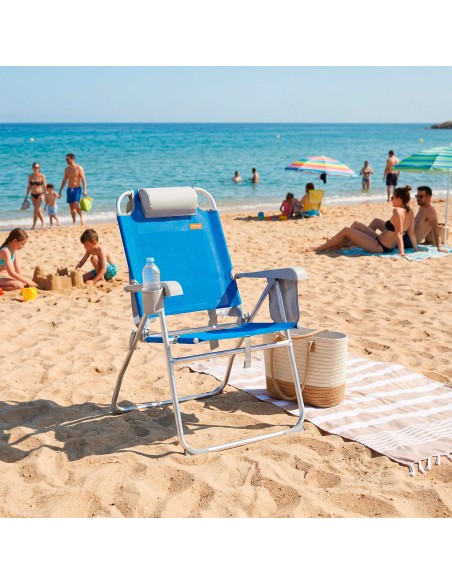 Chaise de plage haute multiposition 48x65x100 cm bleu avec coussin, poche et porte-bouteille