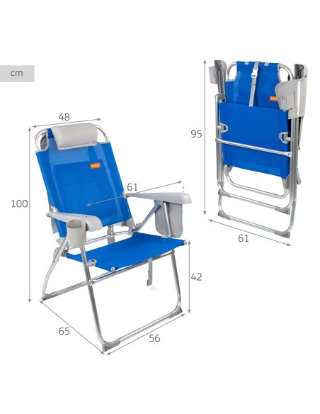 Chaise de plage haute multiposition 48x65x100 cm bleu avec coussin, poche et porte-bouteille