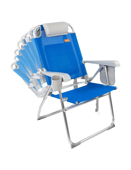 Chaise de plage haute multiposition 48x65x100 cm bleu avec coussin, poche et porte-bouteille