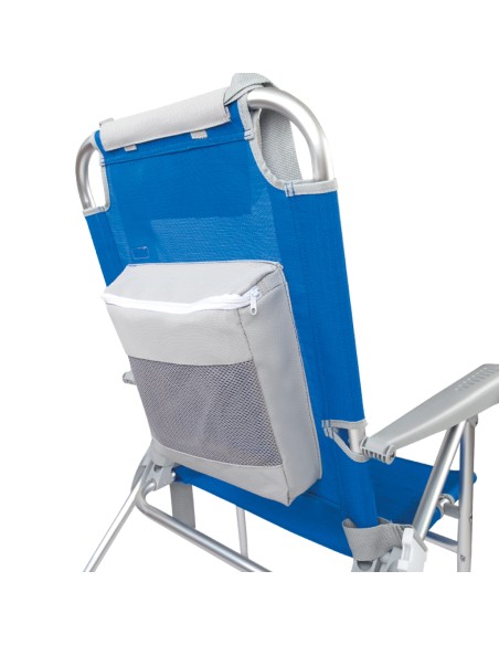 Chaise de plage haute multiposition 48x65x100 cm bleu avec coussin, poche et porte-bouteille