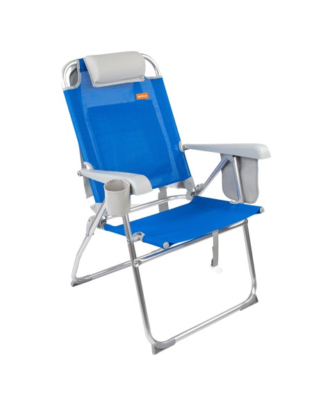 Chaise de plage haute multiposition 48x65x100 cm bleu avec coussin, poche et porte-bouteille