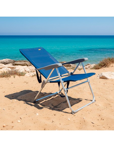 Chaise haute de plage, pliable et compacte, multiposition, 47 x 60 x 94 cm, bleu marine