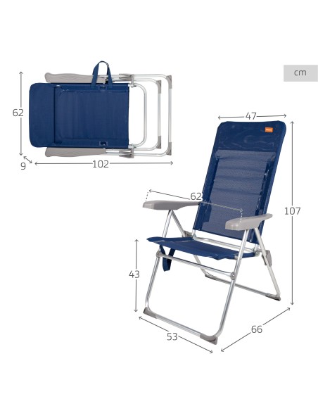 Chaise haute de plage, pliable et compacte, multiposition, 47x66x107 cm, bleu marine