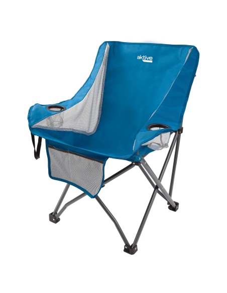 Chaise de camping pliante bleue anti-roulis avec sous-verres et poche