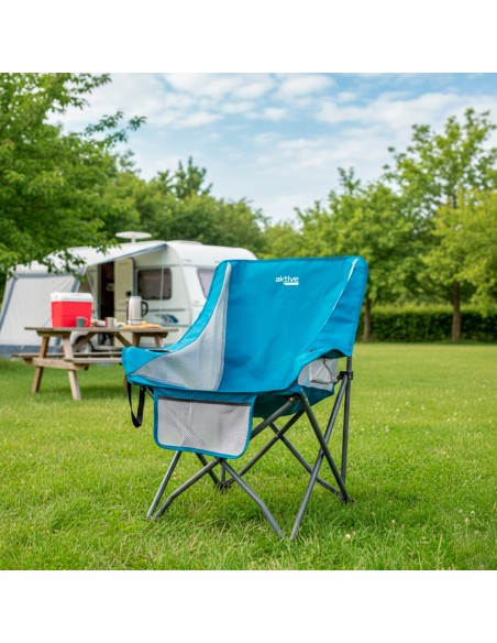Chaise de camping pliante bleue anti-roulis avec sous-verres et poche