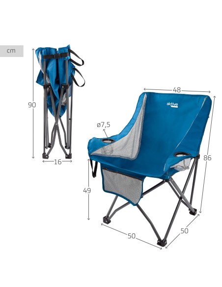 Chaise de camping pliante bleue anti-roulis avec sous-verres et poche