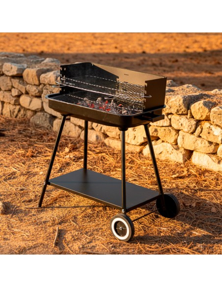 Barbecue à charbon portable réglable en hauteur avec 2 roues et poignée de transport