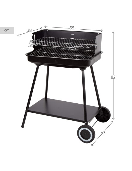 Barbecue à charbon portable réglable en hauteur avec 2 roues et poignée de transport