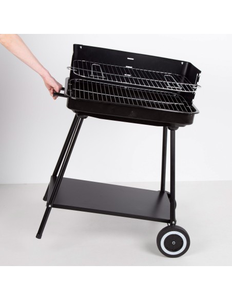 Barbecue à charbon portable réglable en hauteur avec 2 roues et poignée de transport