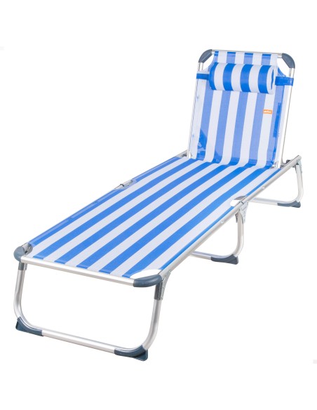 Transat de plage multipositions 186 x 49 x 30 cm, style marin, avec coussin