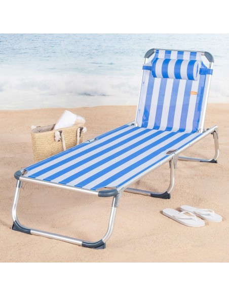 Transat de plage multipositions 186 x 49 x 30 cm, style marin, avec coussin