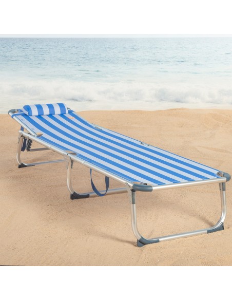 Transat de plage multipositions 186 x 49 x 30 cm, style marin, avec coussin