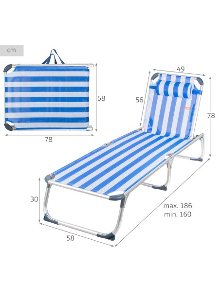 Transat de plage multipositions 186 x 49 x 30 cm, style marin, avec coussin