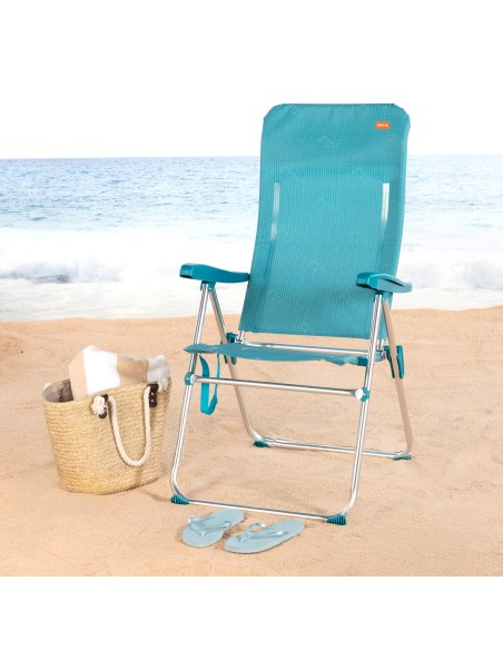 Chaise de plage pliante multipositions 47x67x110 cm bleue avec poignée