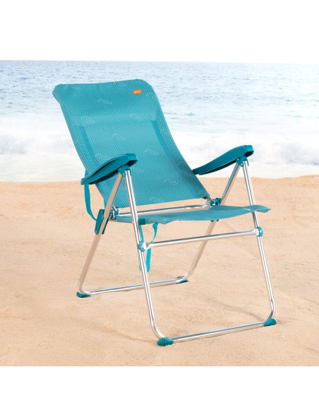 Chaise de plage pliante multipositions 47x67x110 cm bleue avec poignée