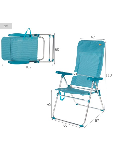 Chaise de plage pliante multipositions 47x67x110 cm bleue avec poignée