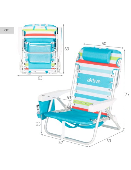 Silla playa baja multiposición 50x53x77 cm multicolor con nevera y bolsillos