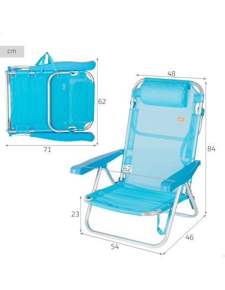 Lot de 2 chaises de plage basses multipositions 48x46x84 cm bleues