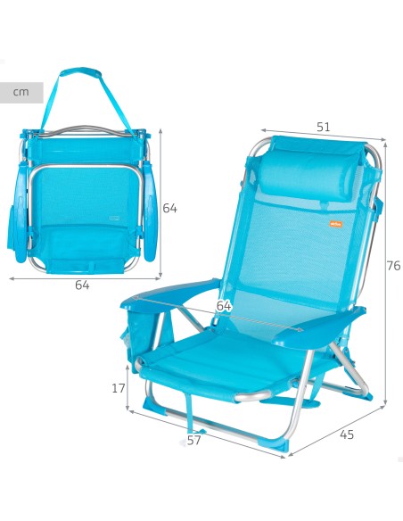 Lot de 2 chaises de plage basses pliantes multipositions 51x45x76 cm bleues