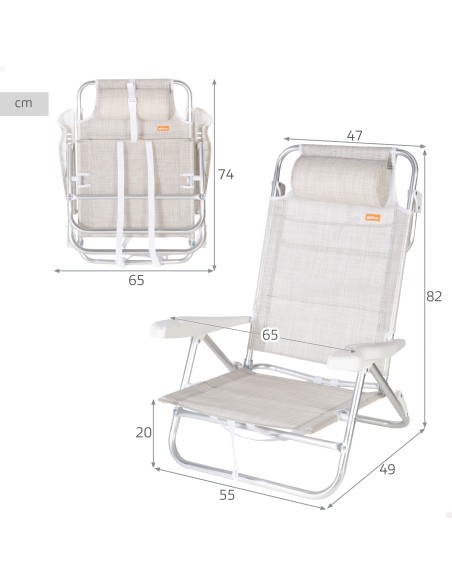Lot de 2 chaises de plage basses multipositions 47x49x82 cm beige