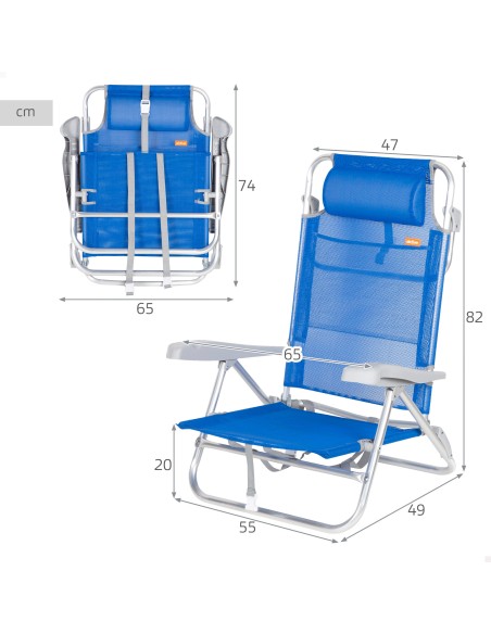 Lot de 2 chaises de plage basses multipositions 47x49x82 cm bleu