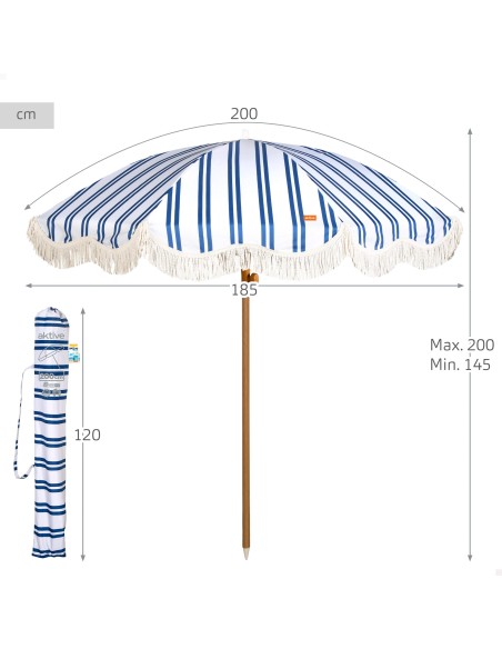 Parasol de plage, 8 baleines, 200 cm, rayé avec franges